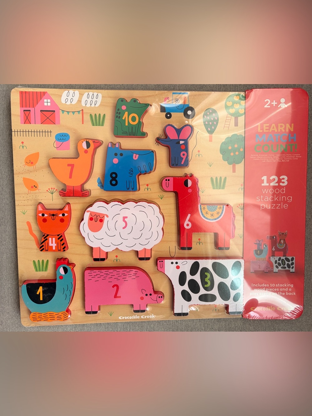 NIP Crocodile Creek 123 Stacking Wood Farm Learning Animal Puzzle